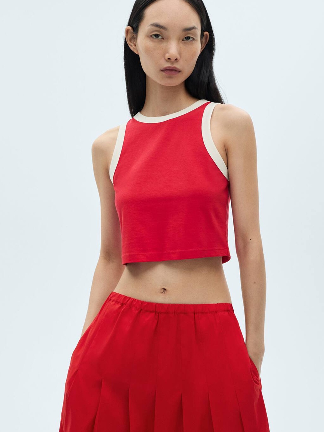 

MANGO Contrasting Detail Pure Cotton Crop Top, Red