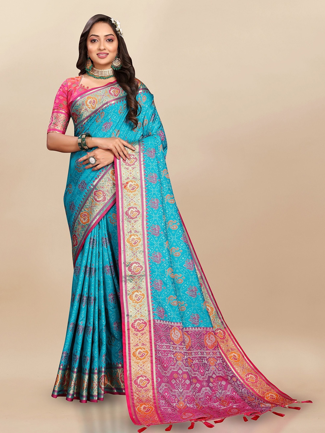 

Upalksh Ethnic Motifs Printed Zari Pure Silk Patola Saree, Blue