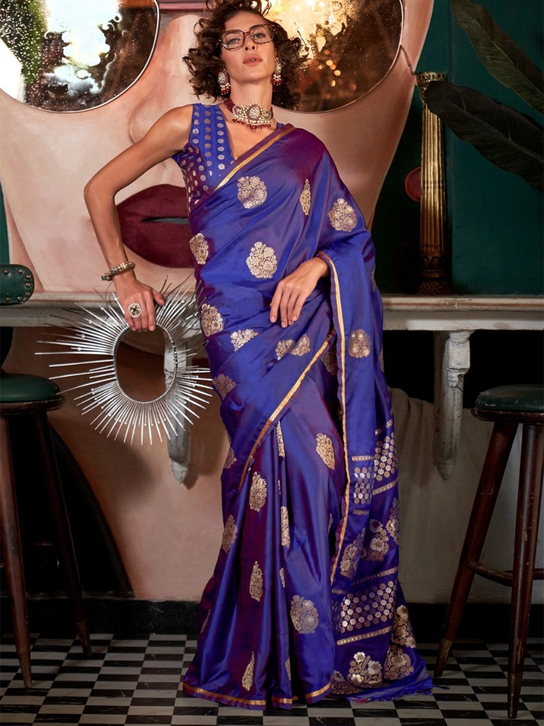 

PEENGAX Woven Design Satin Saree, Blue