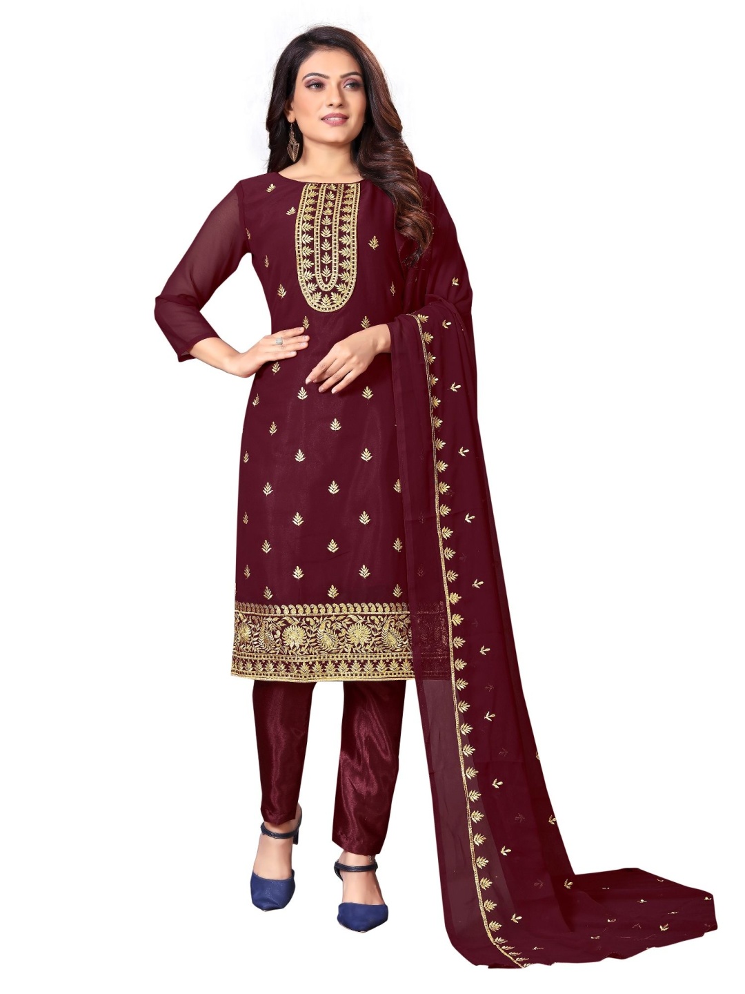 

A TO Z CART Floral Embroidered Unstitched Dress Material, Maroon