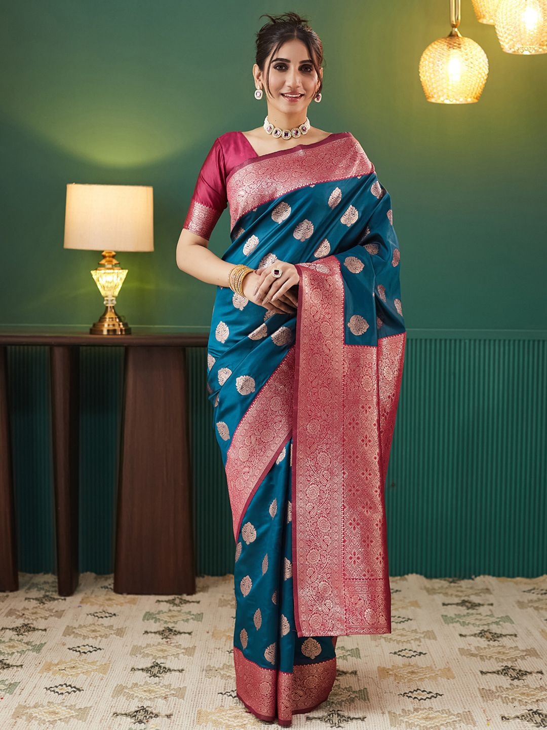 

Mitera Ethnic Motifs Woven Design Banarasi Saree, Teal