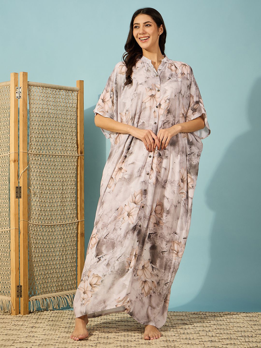 

The Kaftan Company Printed Maxi Kaftan Nightdress, Beige