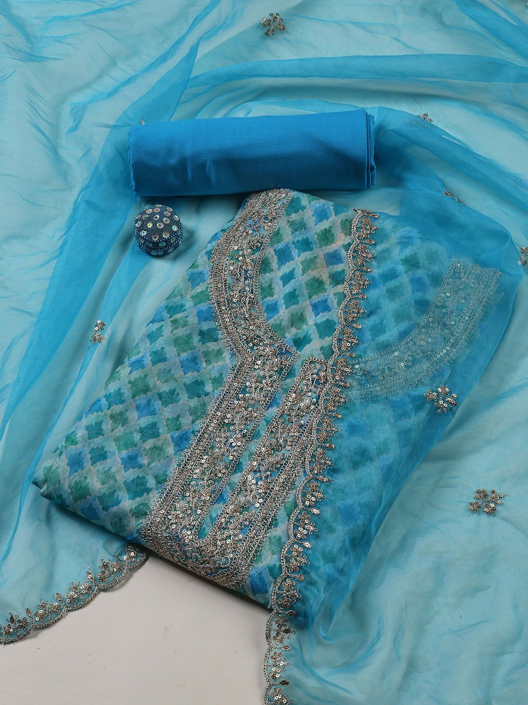 

Meena Bazaar Printed Organza Unstitched Dress Material, Blue
