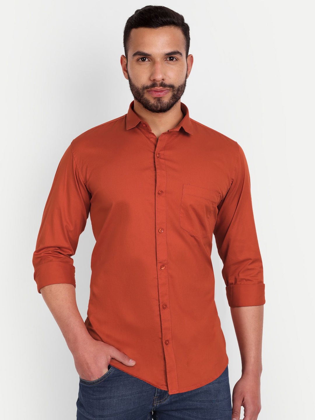 

Mast & Harbour Men India Slim Fit Cutaway Collar Solid Cotton Casual Shirt, Rust