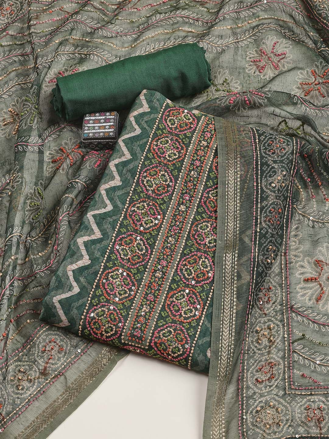 

Meena Bazaar Printed Art Silk Unstitched Dress Material, Green