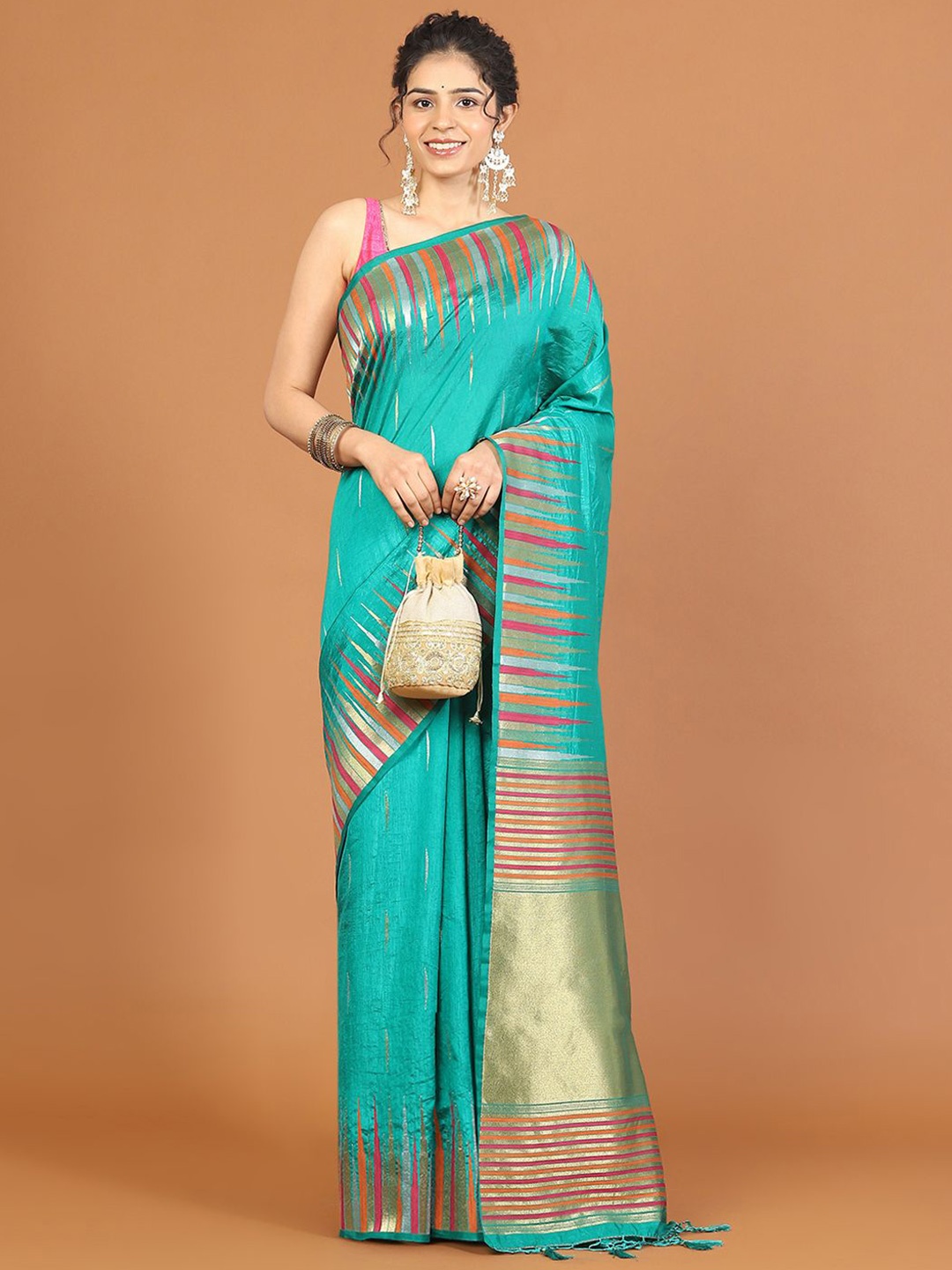 

Meena Bazaar Woven Design Zari Art Silk Designer Saree, Sea green