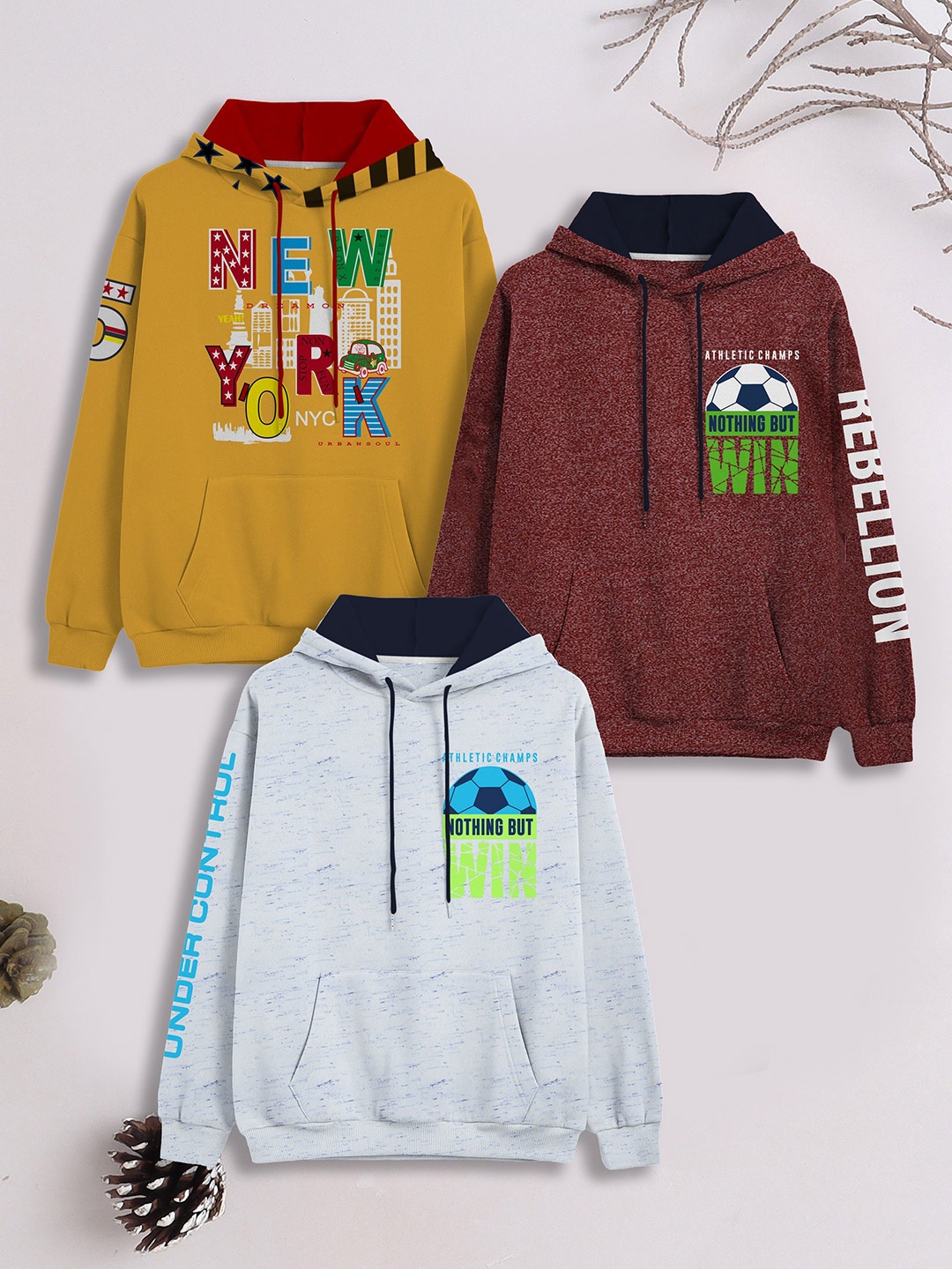 

3PIN Boys Pack of 3 Printed Cotton Hooded Sweatshirt, Assorted
