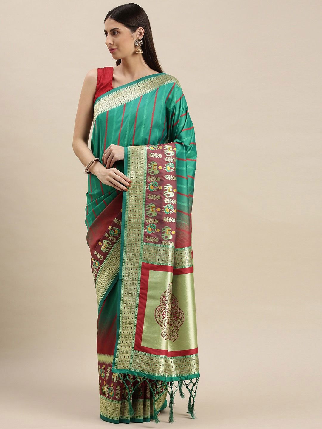 

flaher Women Woven Design Banarasi Saree, Green