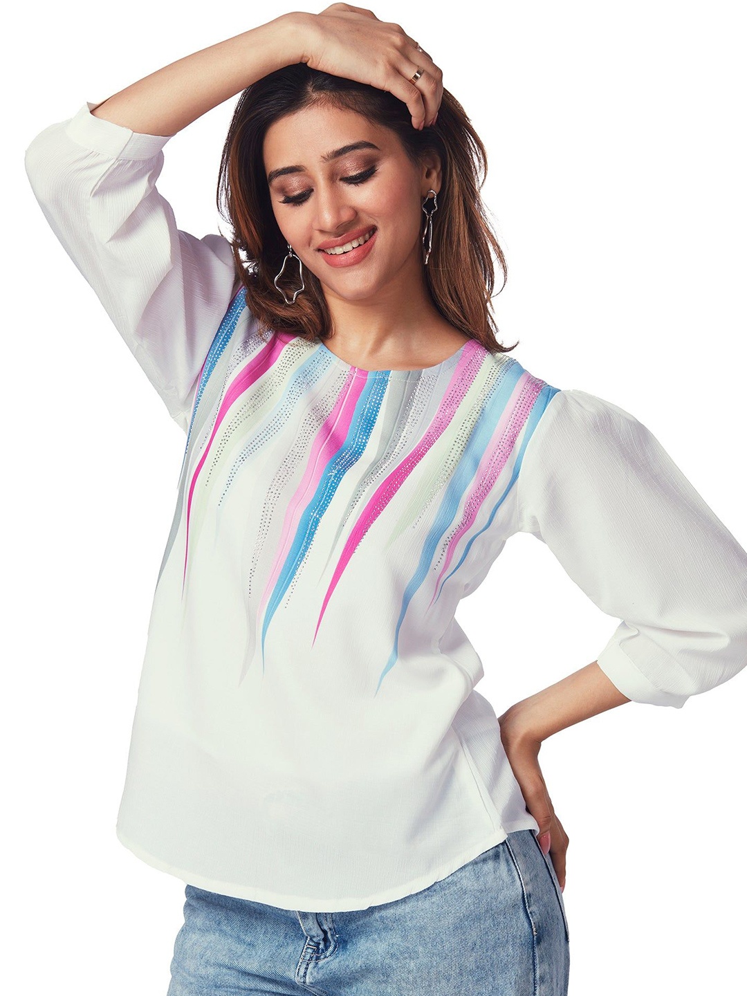 

FREYAA Round Neck Embellished Top, White