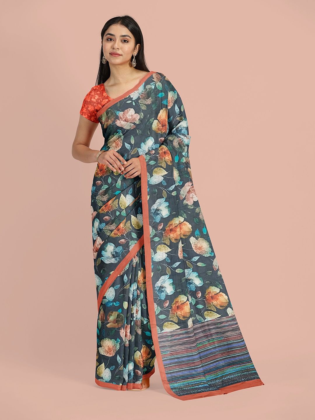 

Avyay Creation Floral Printed Saree With Printed Blouse Piece, Blue