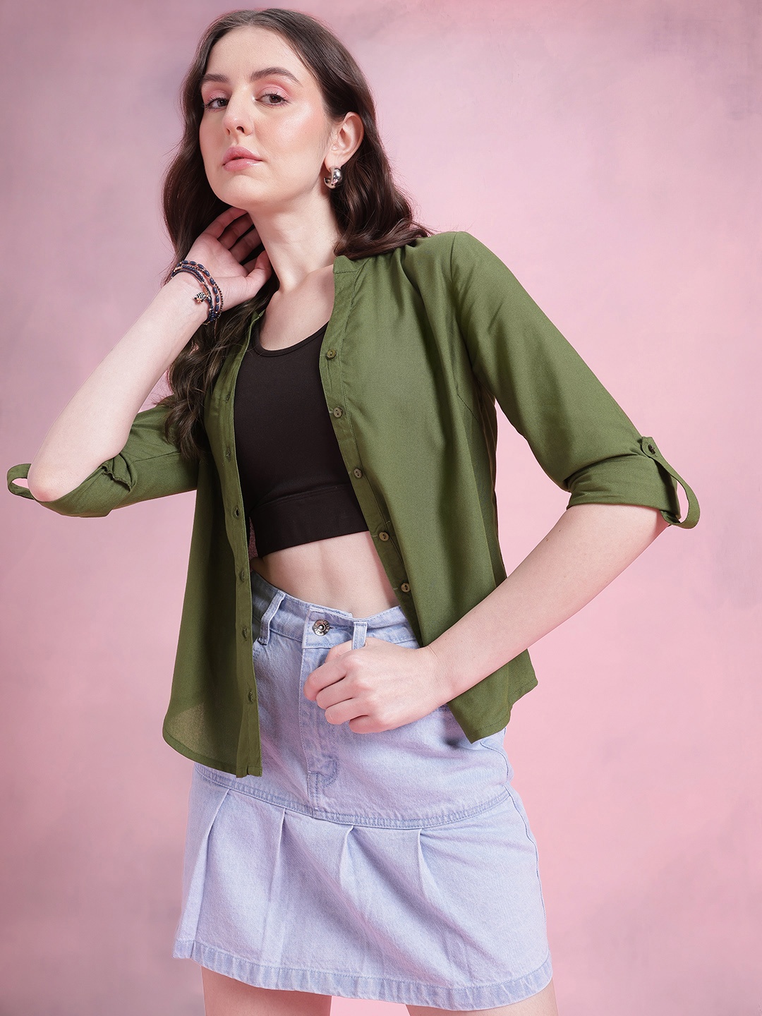 

DressBerry Band Collar Shirt, Olive