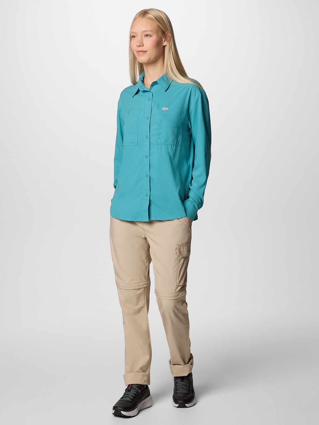 

Columbia Women Classic Spread Collar Solid Casual Shirt, Turquoise blue