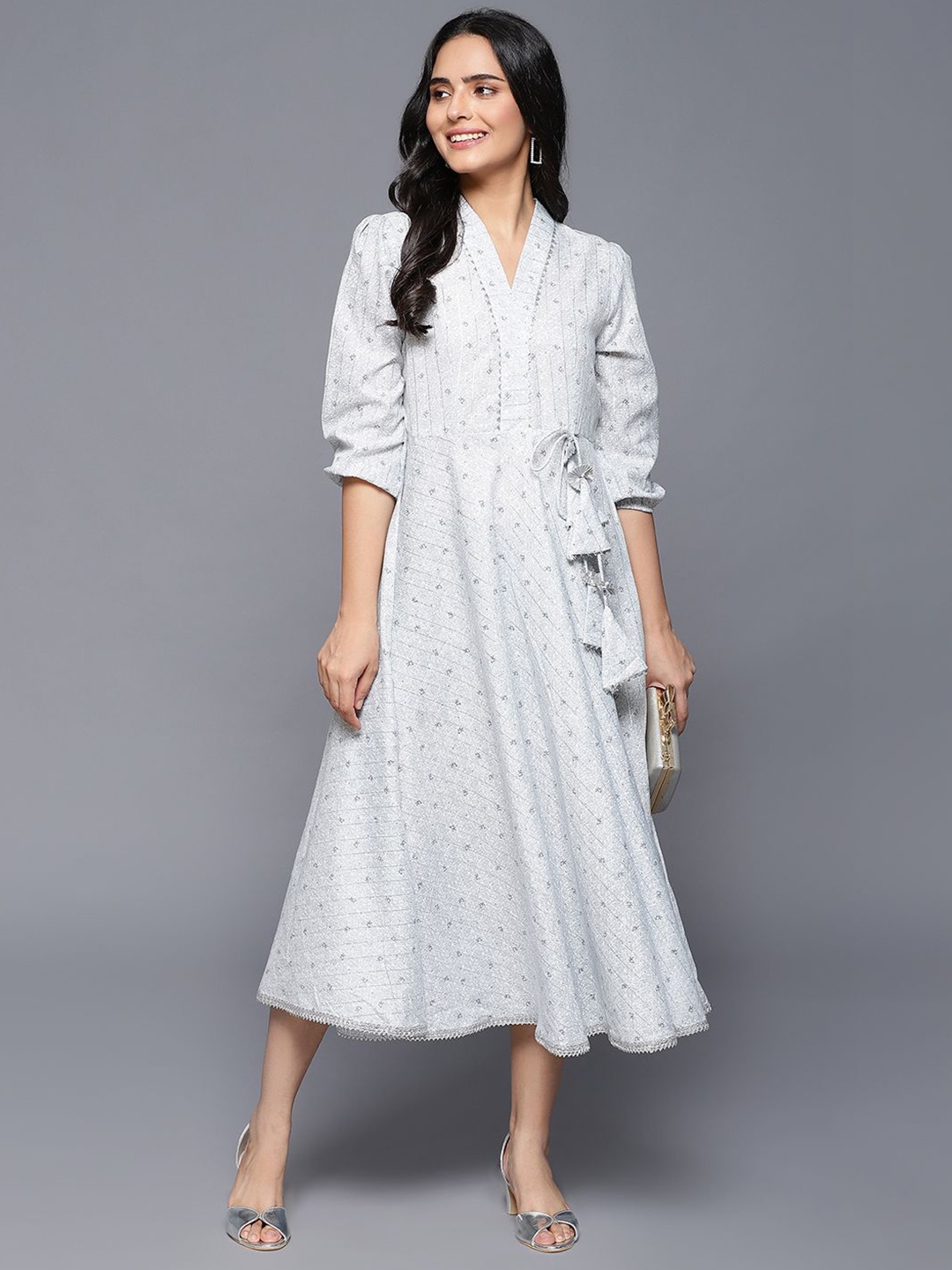 

VEGAL Women Ethnic Motifs Printed Puff Sleeve Cotton Fit & Flare Midi Dress, White