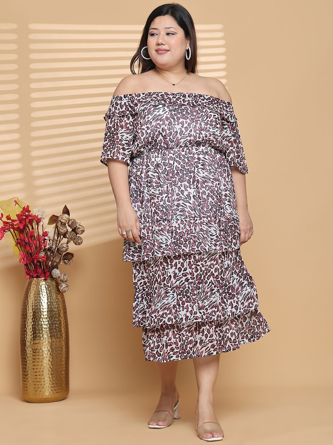 

theRebelinme Plus Size Animal Printed Off-Shoulder Georgette Fit and Flare Midi Dress, Brown