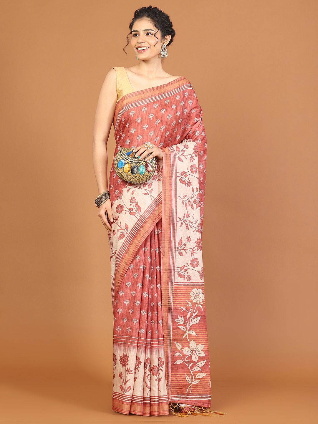 

Meena Bazaar Floral Art Silk Tussar Saree, Rust
