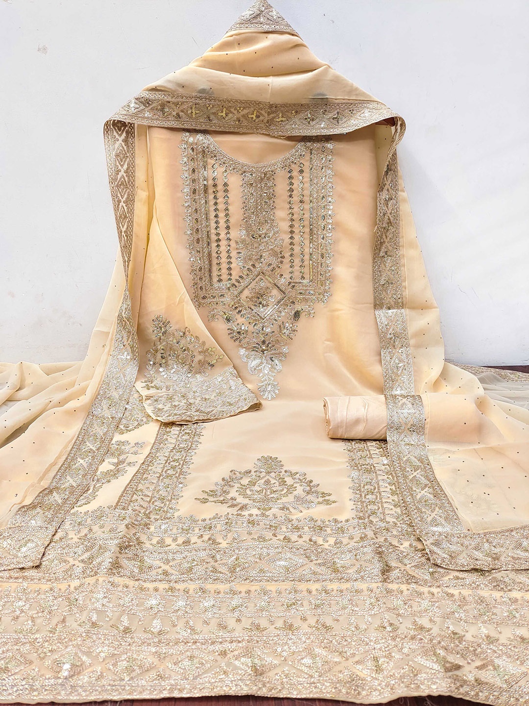 

KALINI Ethnic Motifs Embroidered Sequinned Silk Georgette Unstitched Dress Material, Beige