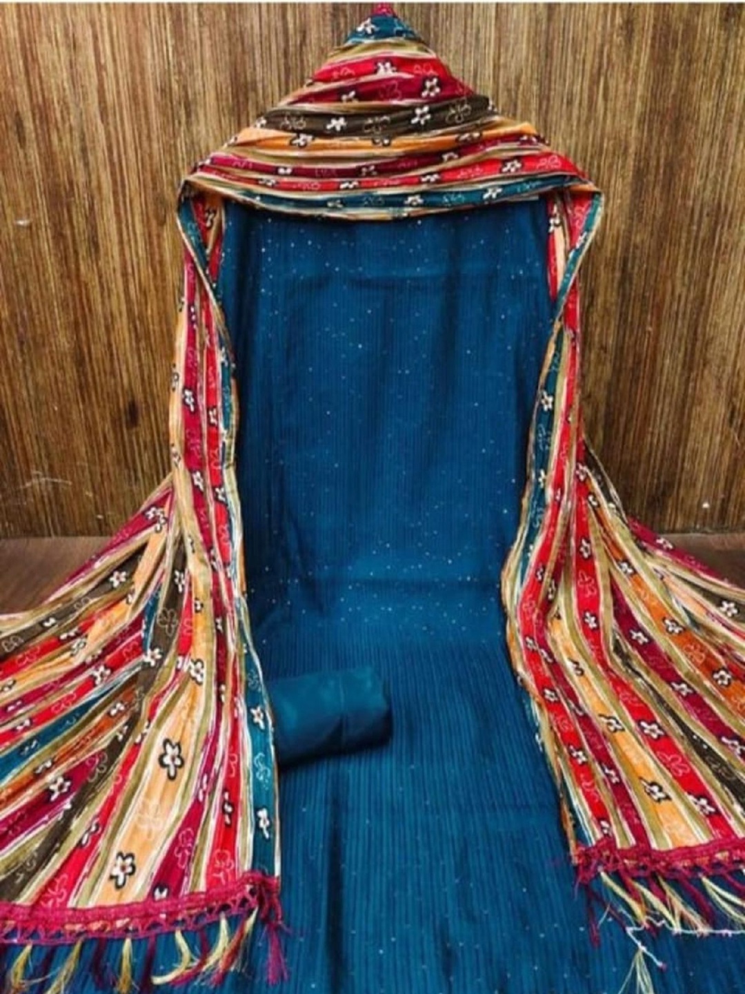 

A TO Z CART Striped Embroidered Sequinned Unstitched Dress Material, Blue