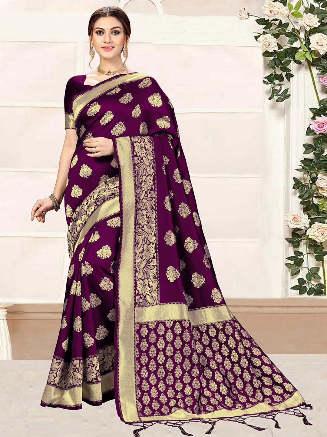 

Trendmalls Ethnic Motifs Woven Design Zari Banarasi Saree, Purple