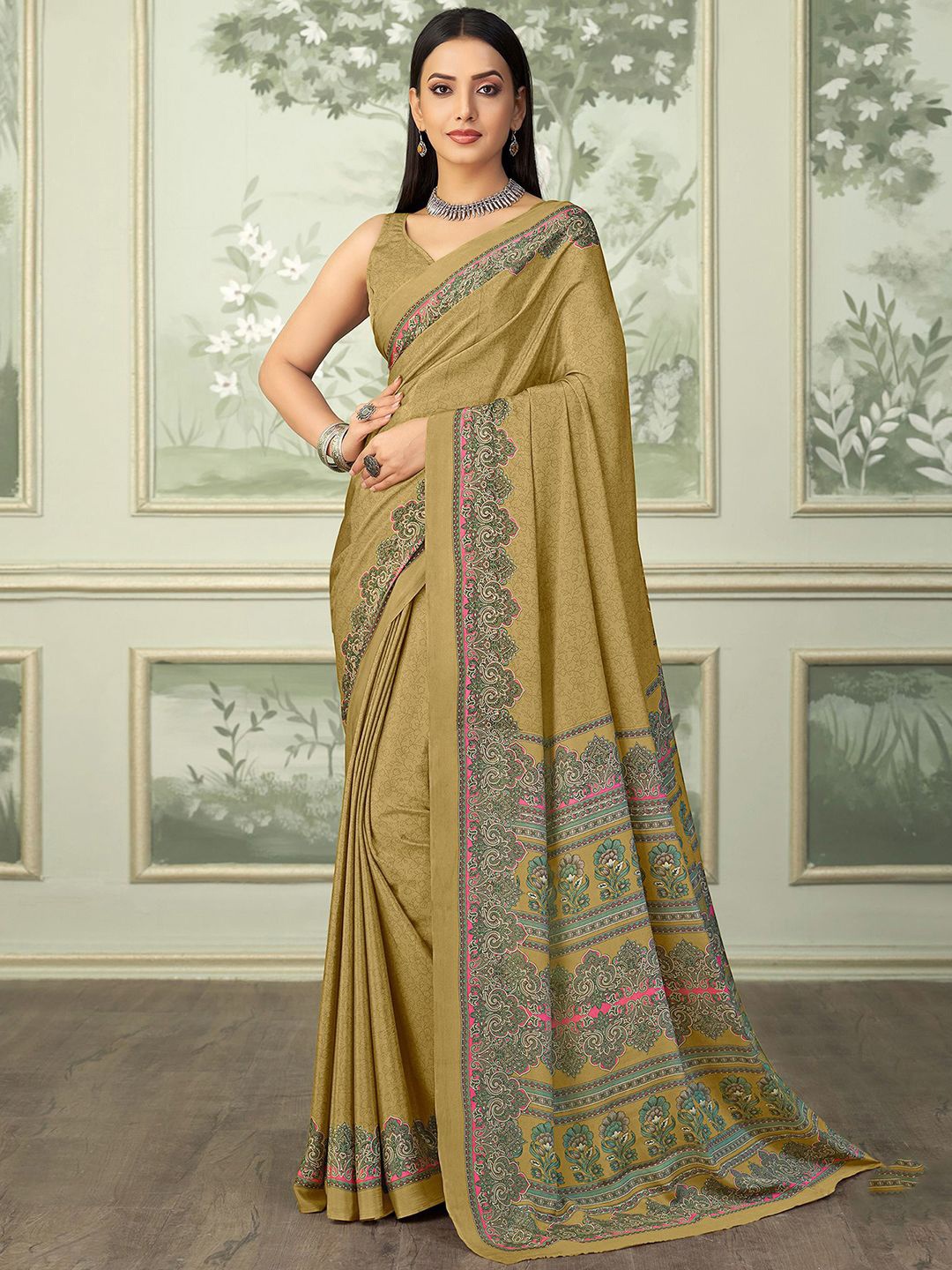 

Mitera Women Ethnic Motifs Printed Pure Crepe Saree, Mustard