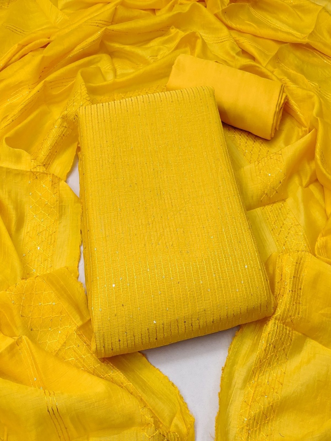 

A TO Z CART Striped Embroidered Sequinned Unstitched Dress Material, Yellow
