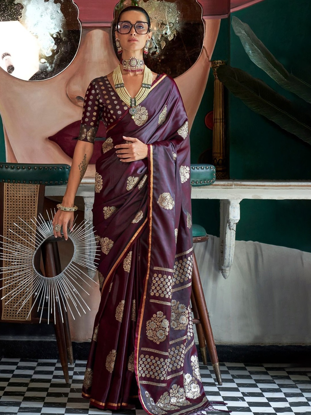 

PEENGAX Woven Design Zari Satin Designer Saree, Maroon