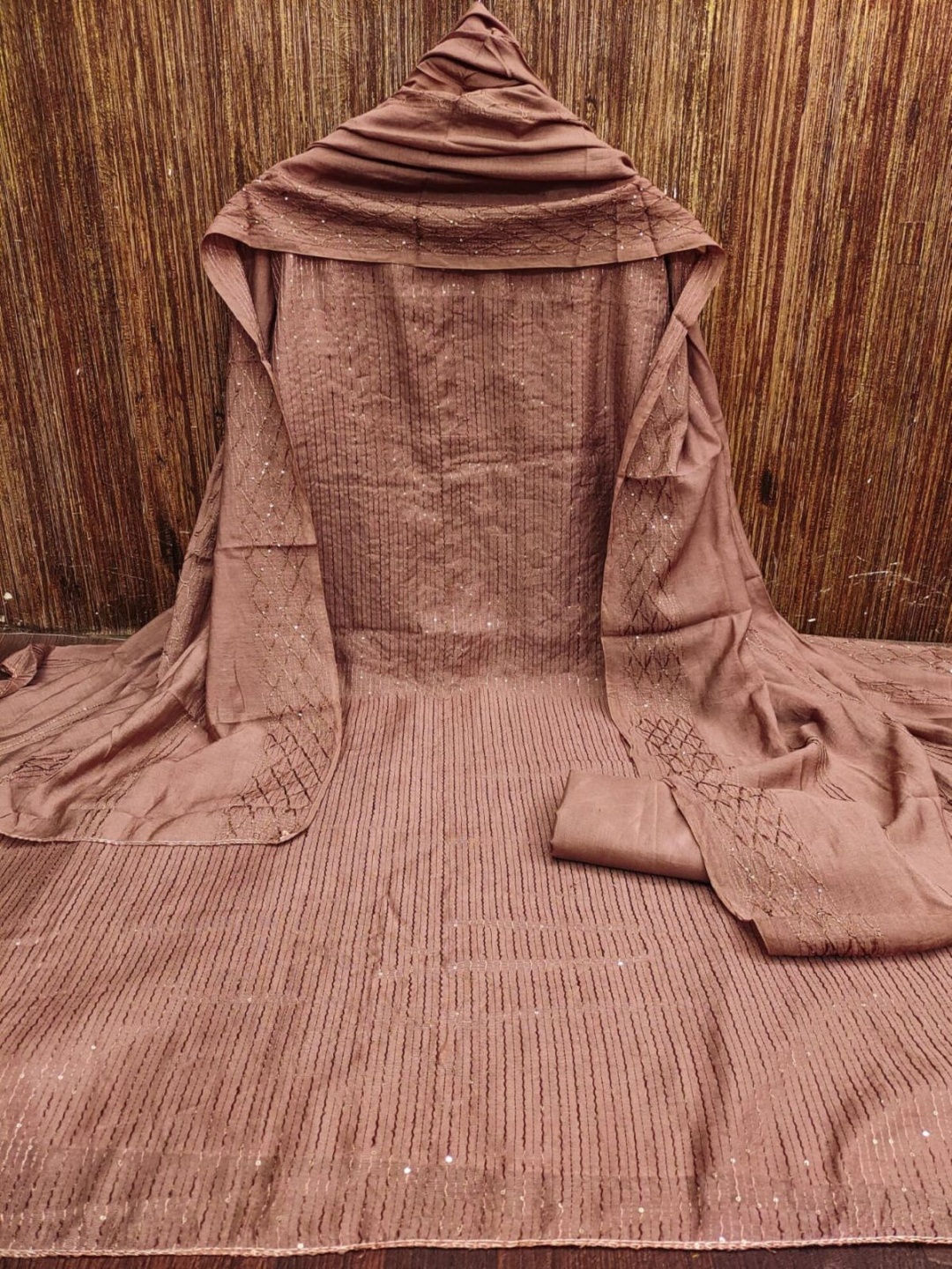 

A TO Z CART Striped Embroidered Sequinned Unstitched Dress Material, Brown