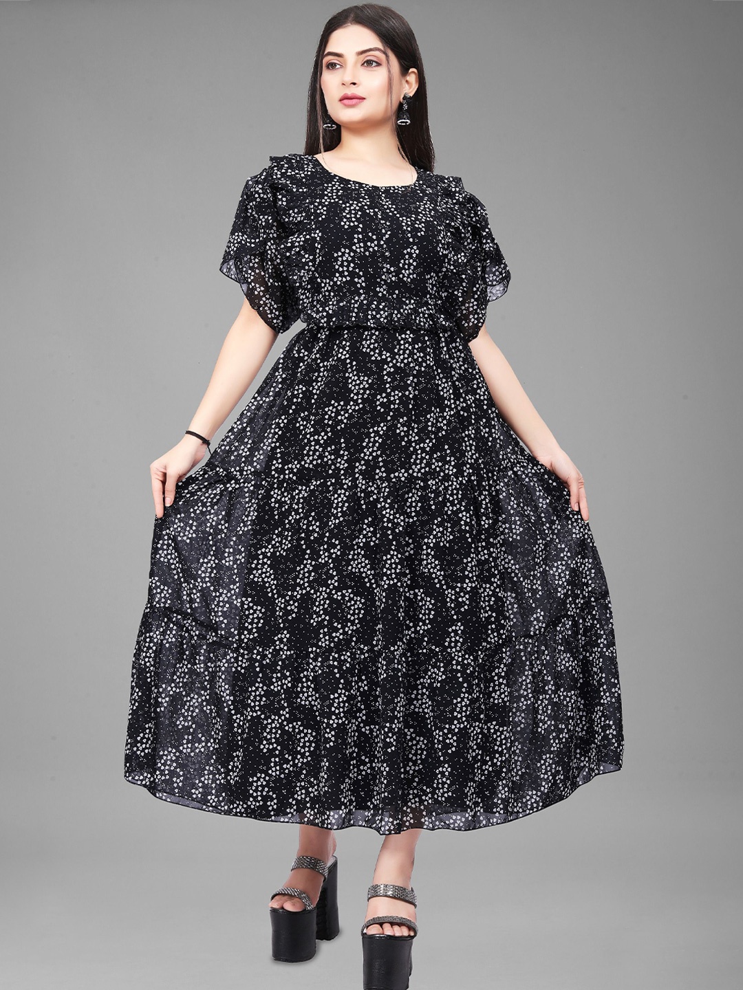 

Eightone Print Flared Sleeve Georgette Maxi Dress, Black