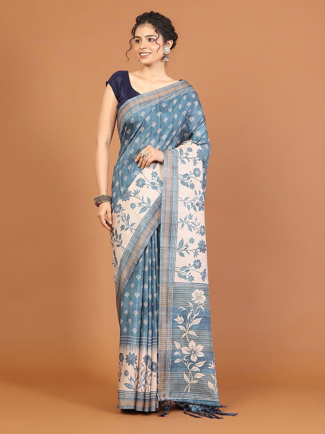 

Meena Bazaar Floral Zari Art Silk Tussar Saree, Blue