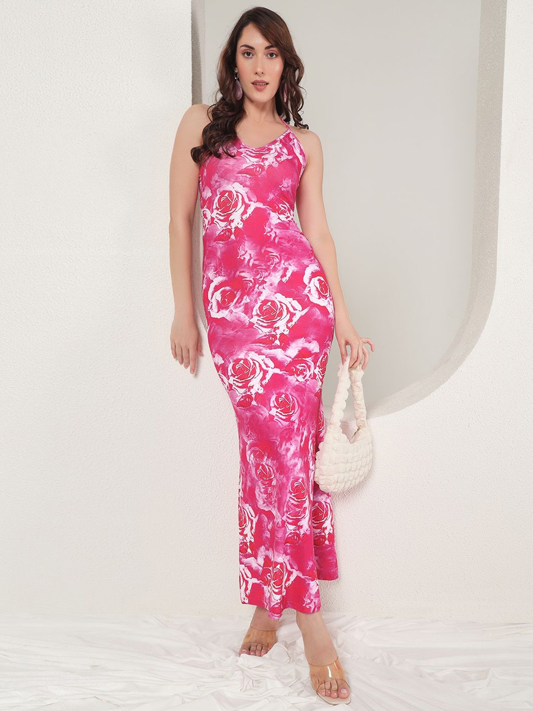 

TANDUL Women Floral Printed Halter Neck Bodycon Maxi Dress, Pink