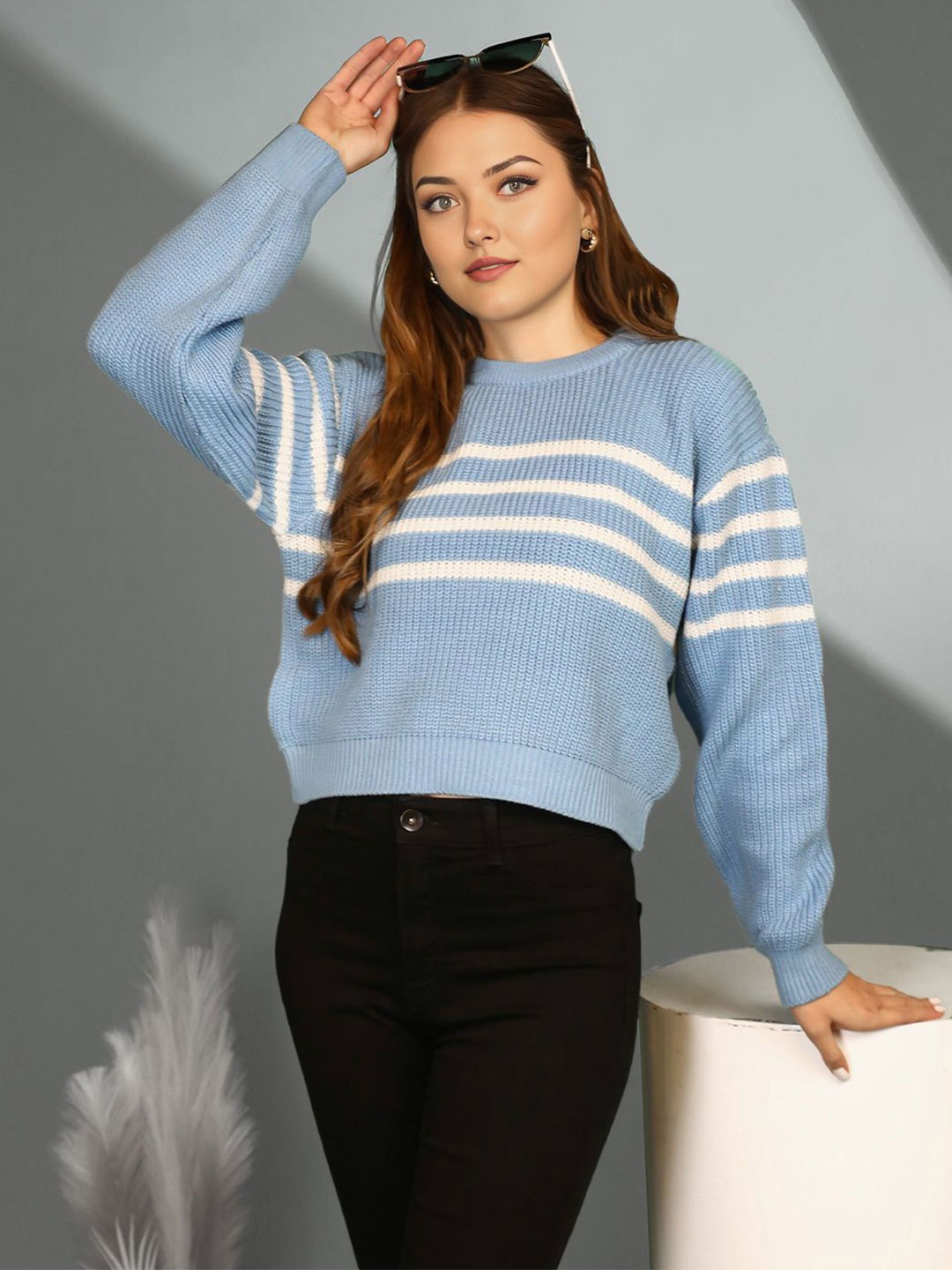 

CHKOKKO Women Round Neck Pullover Woollen Sweater, Blue