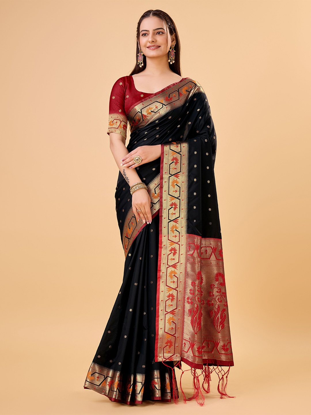

Upalksh Woven Design Floral Zari Banarasi Saree, Black