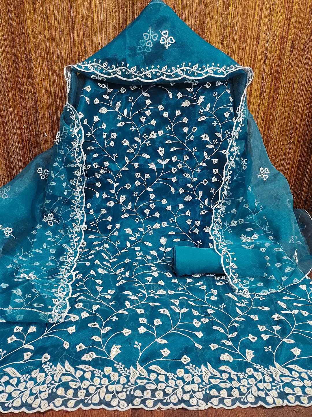 

KALINI Floral Embroidered Sequinned Organza Unstitched Dress Material, Teal