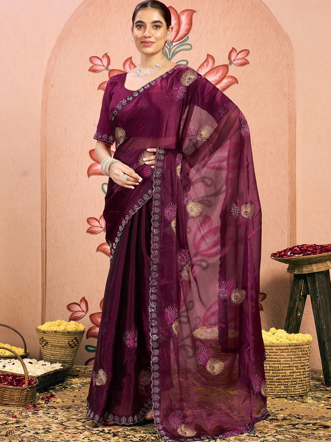 

Mitera Embellished Beads and Stones Pure Chiffon Designer Saree, Magenta