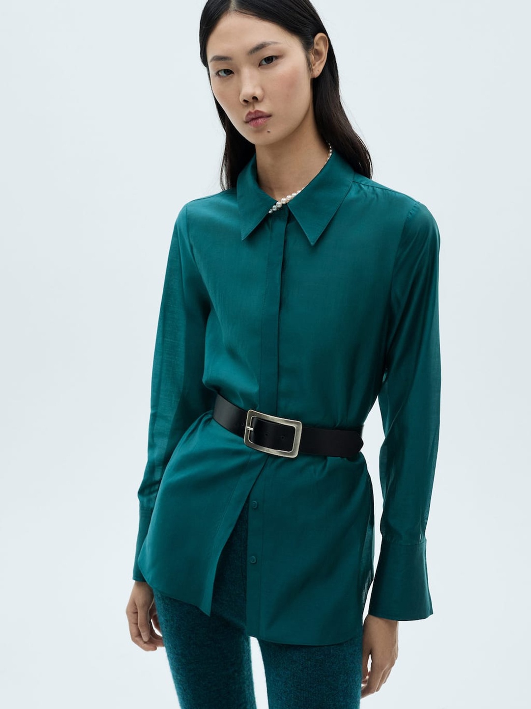 

MANGO Long cuffed Satin Shirt, Teal