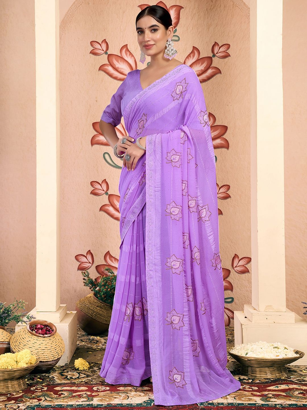 

Mitera Embellished Embroidered Pure Chiffon Saree, Lavender