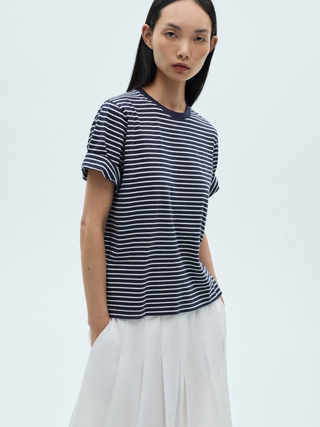 

MANGO Women Striped Pure Cotton T-shirt, Navy blue