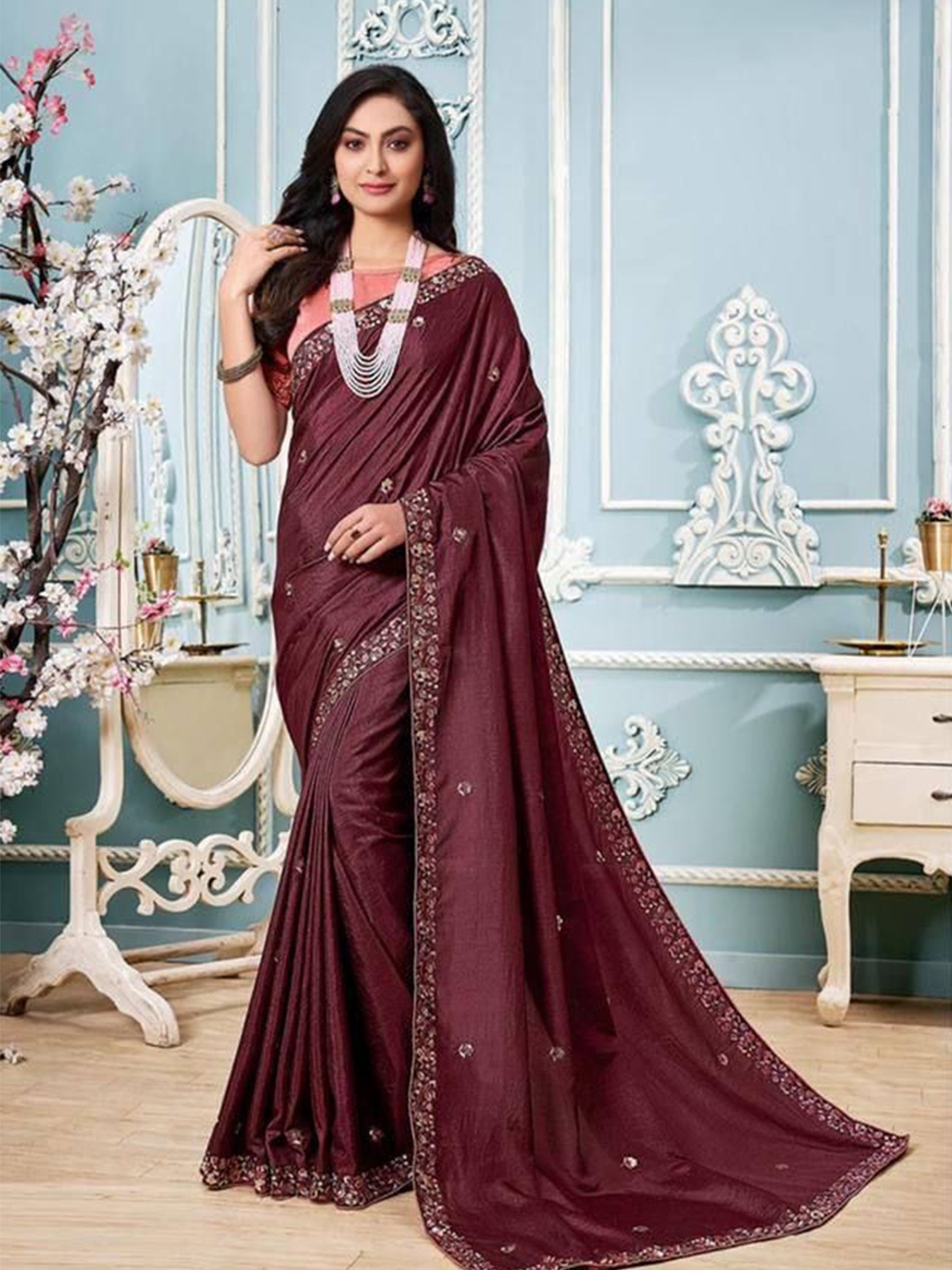 

Anouk Ethnic Motifs Embroidered Saree, Burgundy