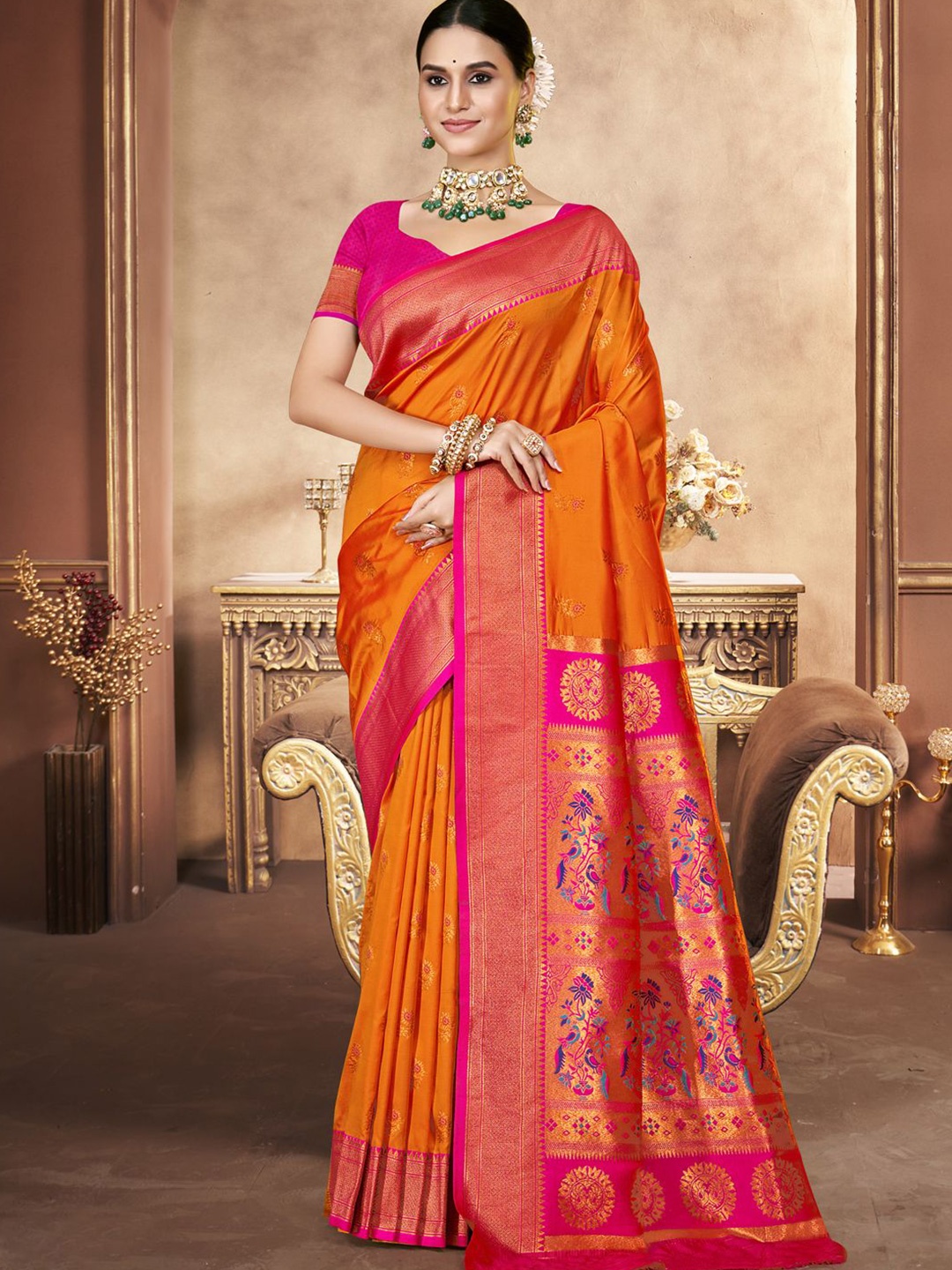 

SANGAM PRINTS Woven Design Zari Banarasi Saree, Orange