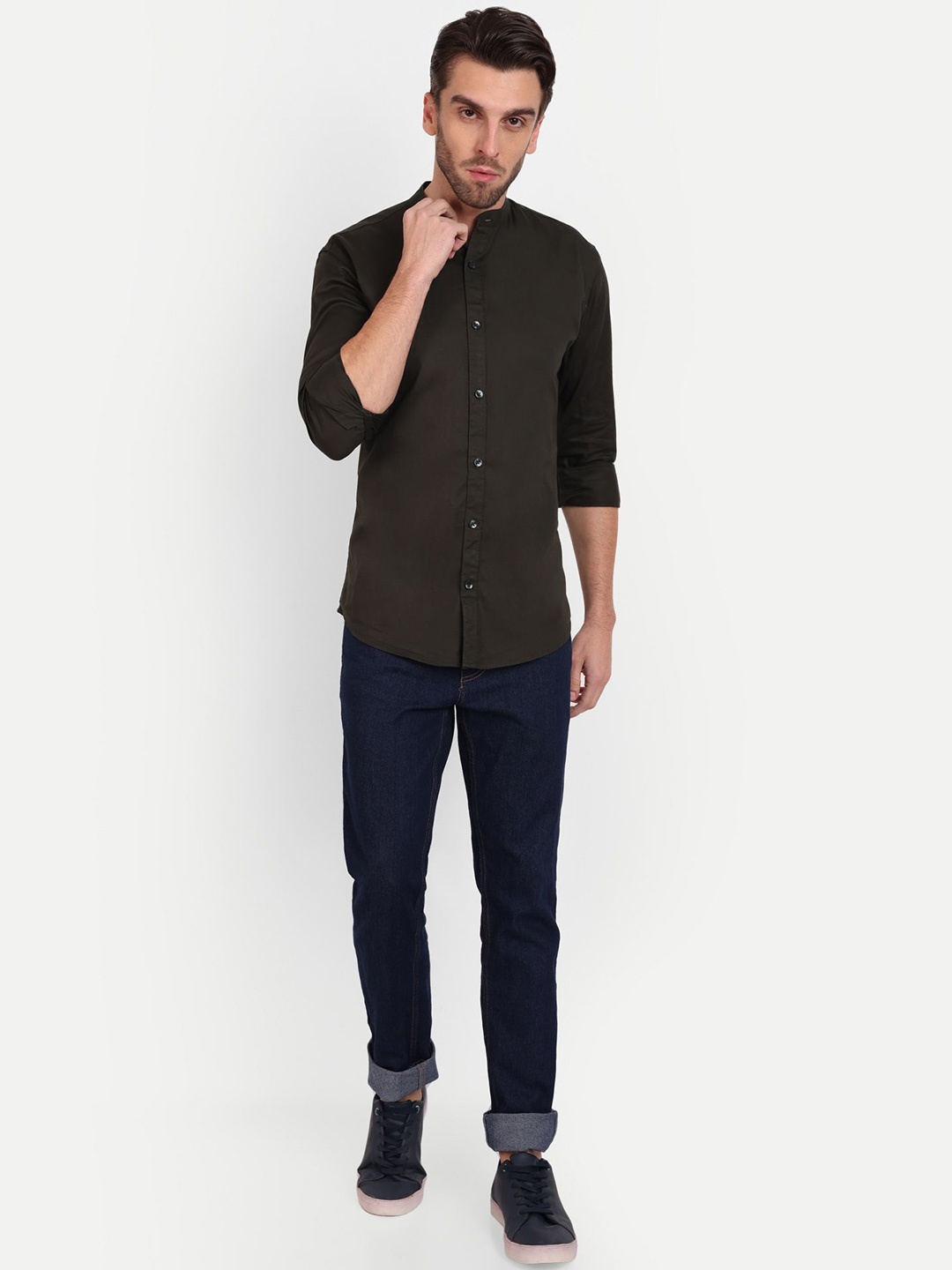 

Mast & Harbour Men India Slim Fit Band Collar Solid Cotton Casual Shirt, Green
