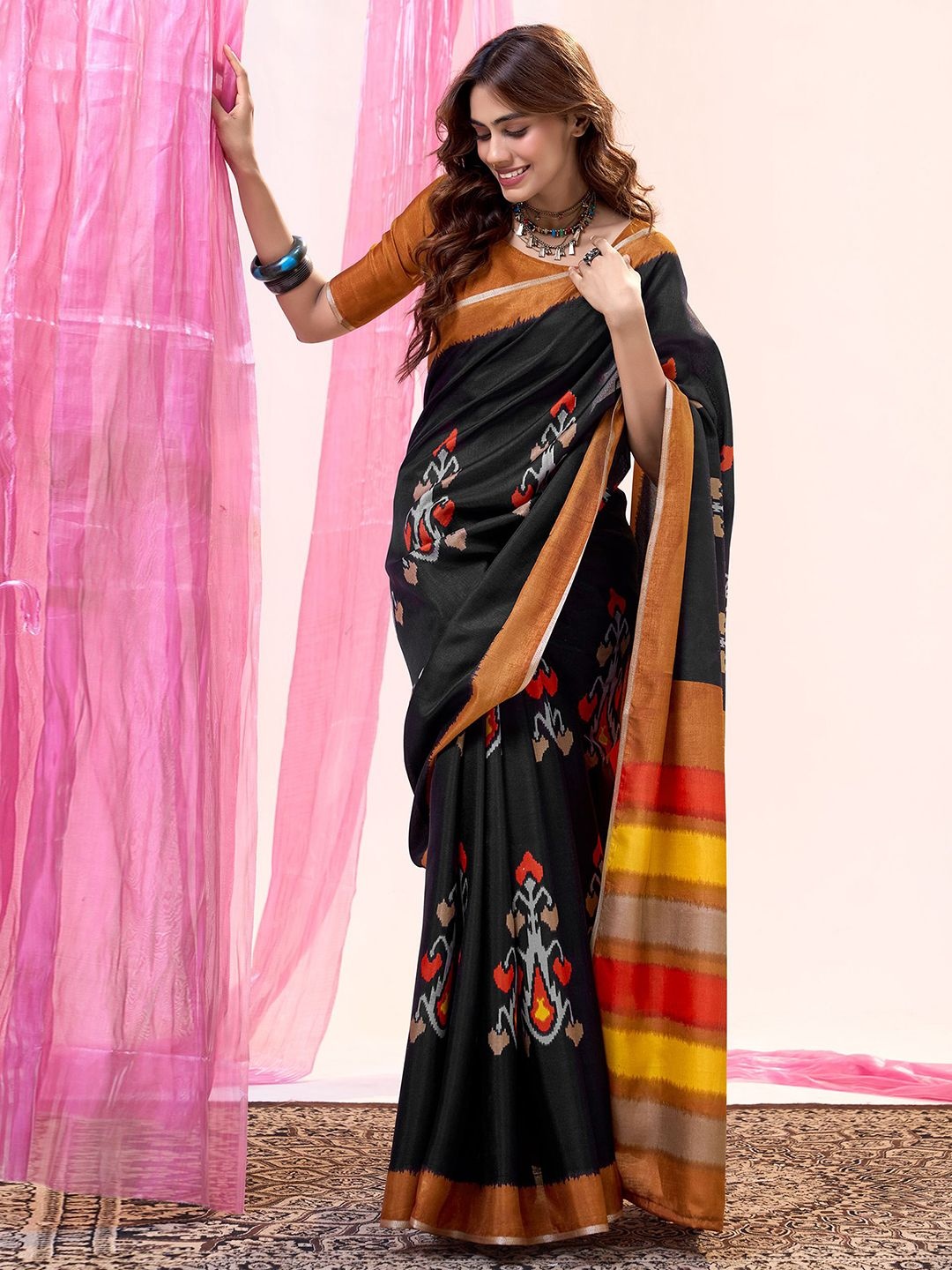 

Mitera Floral Printed Ikat Saree, Black