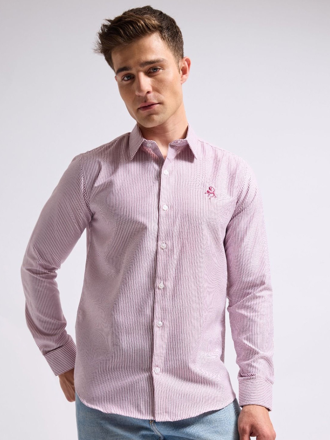 

MISCHIEF MONKEY Men Classic Tailored Fit Spread Collar Pinstripes Cotton Casual Shirt, Lavender