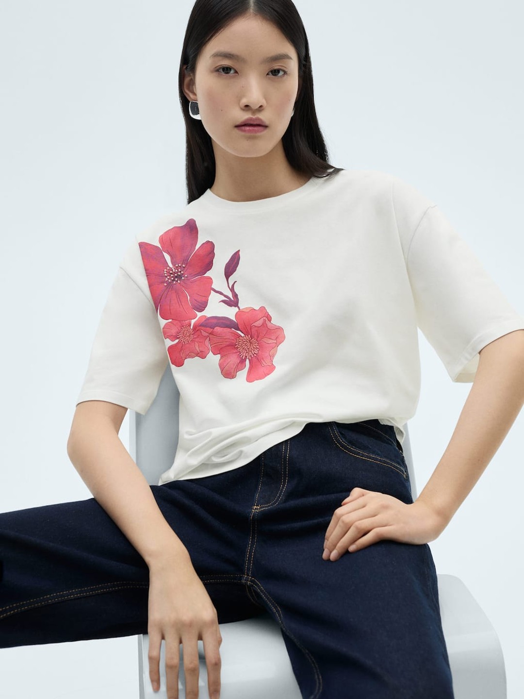 

MANGO Floral Print Drop-Shoulder Sleeves Pure Cotton T-shirt, White