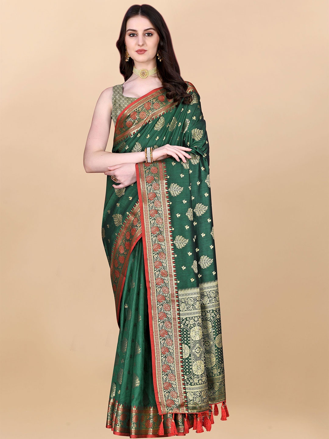 

Upalksh Ethnic Motifs Woven Design Zari Banarasi Saree, Green