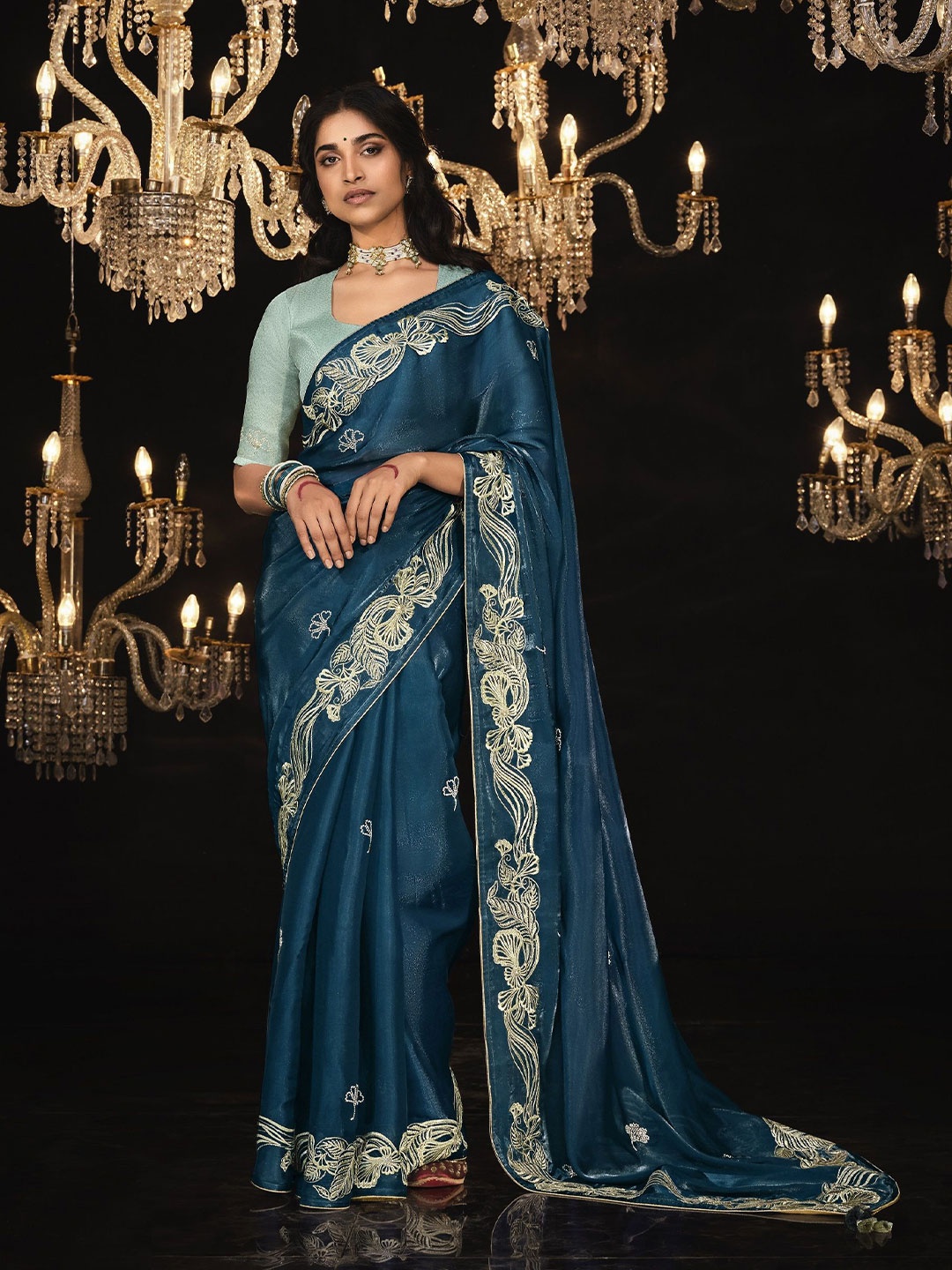 

MAHALASA Ethnic Motifs Embroidered Pure Silk Designer Saree, Teal