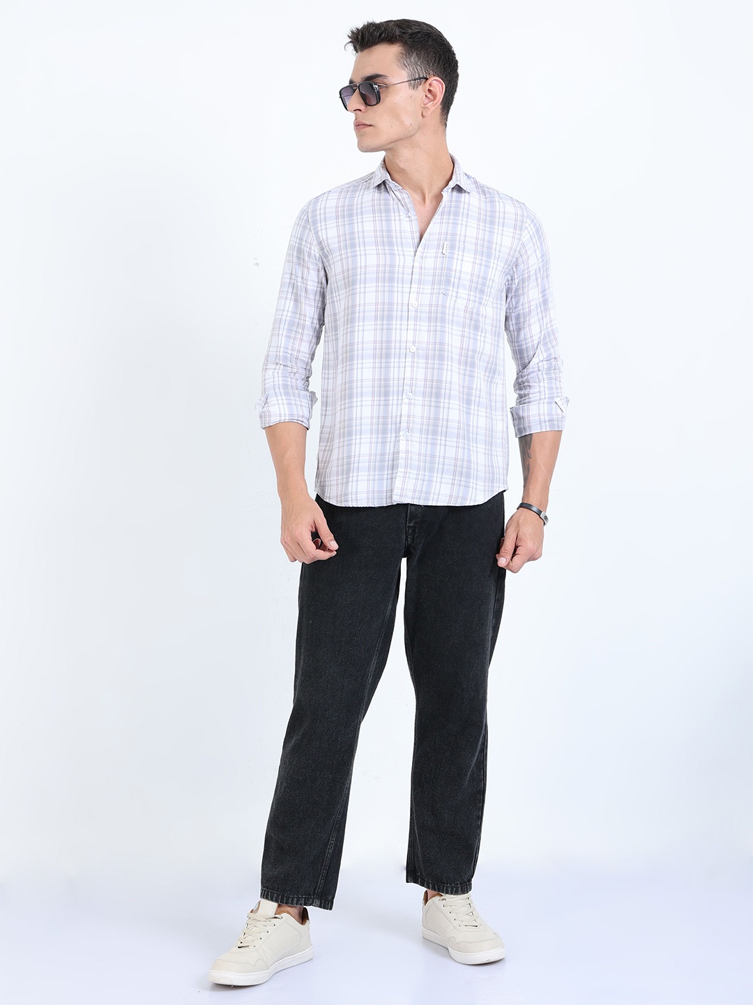 

HOUSE OF MAHNOTS Men Classic Slim Fit Spread Collar Tartan Checked Cotton Casual Shirt, Blue