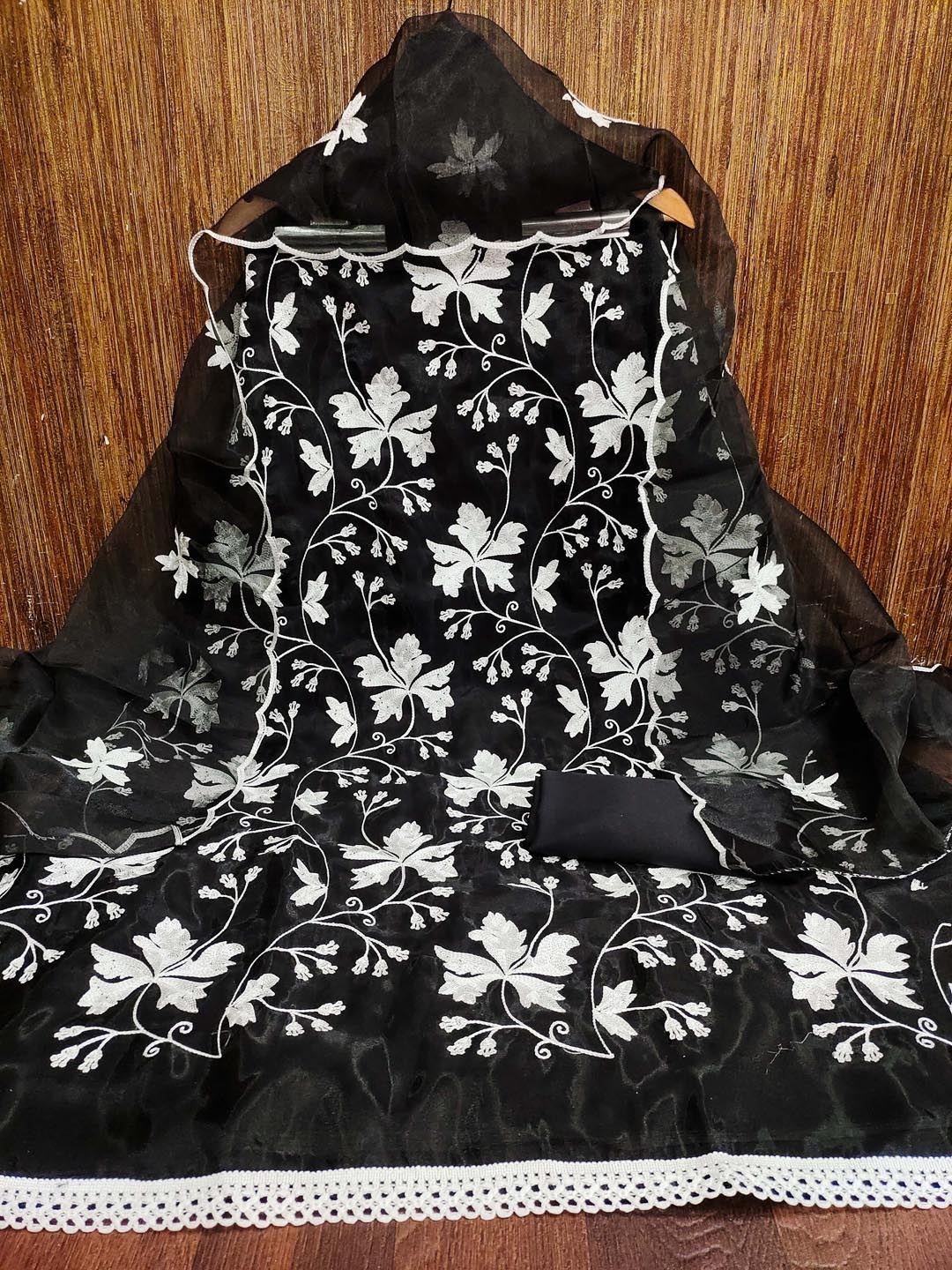 

KALINI Floral Embroidered Thread Work Organza Unstitched Dress Material, Black