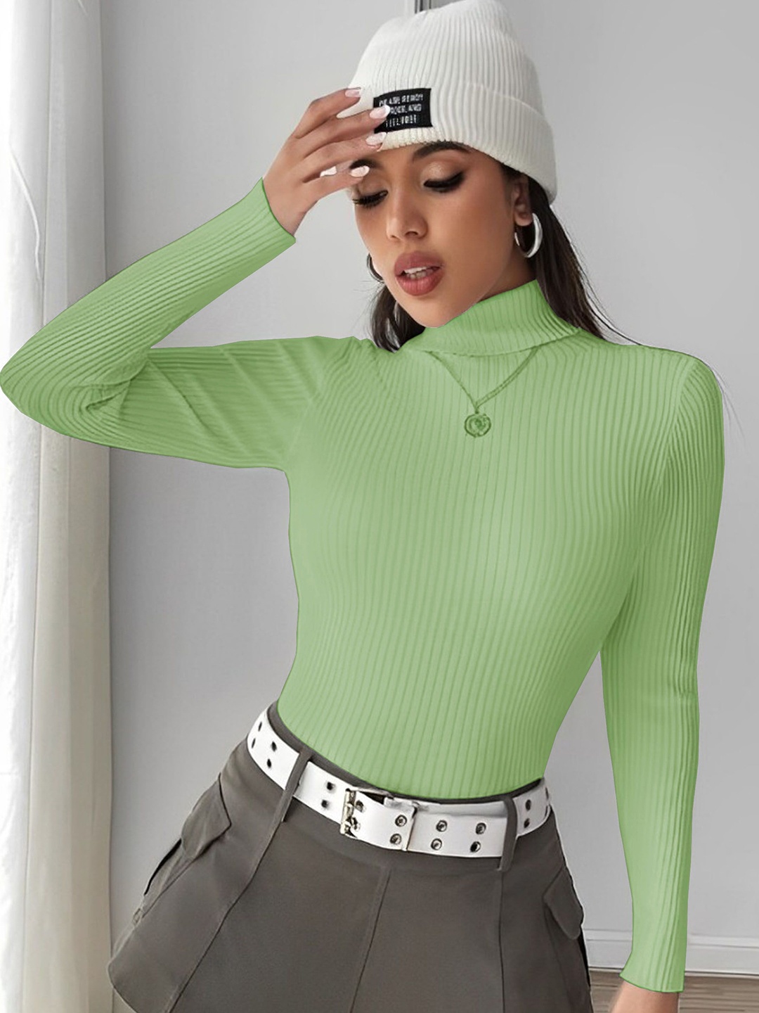 

Kushi Flyer Women Cotton Ribbed High Neck Pullover Sweaters, Green