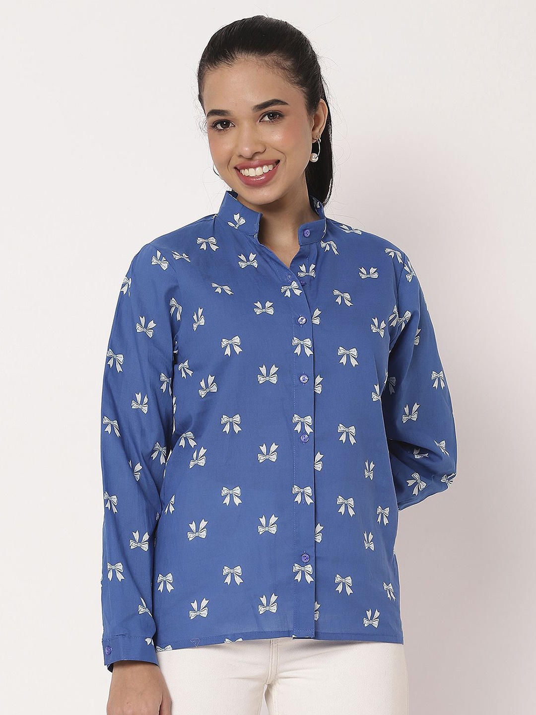 

Moomaya Women Mandarin Collar Conversational Printed Cotton Casual Shirt, Blue