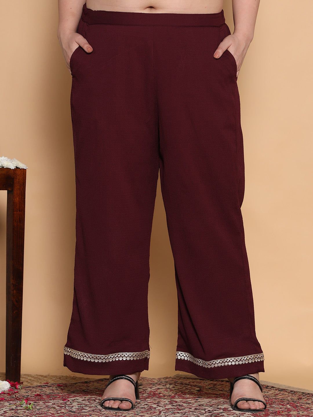 

LetsDressUp Women Burgundy Textured Palazzo - Embellished