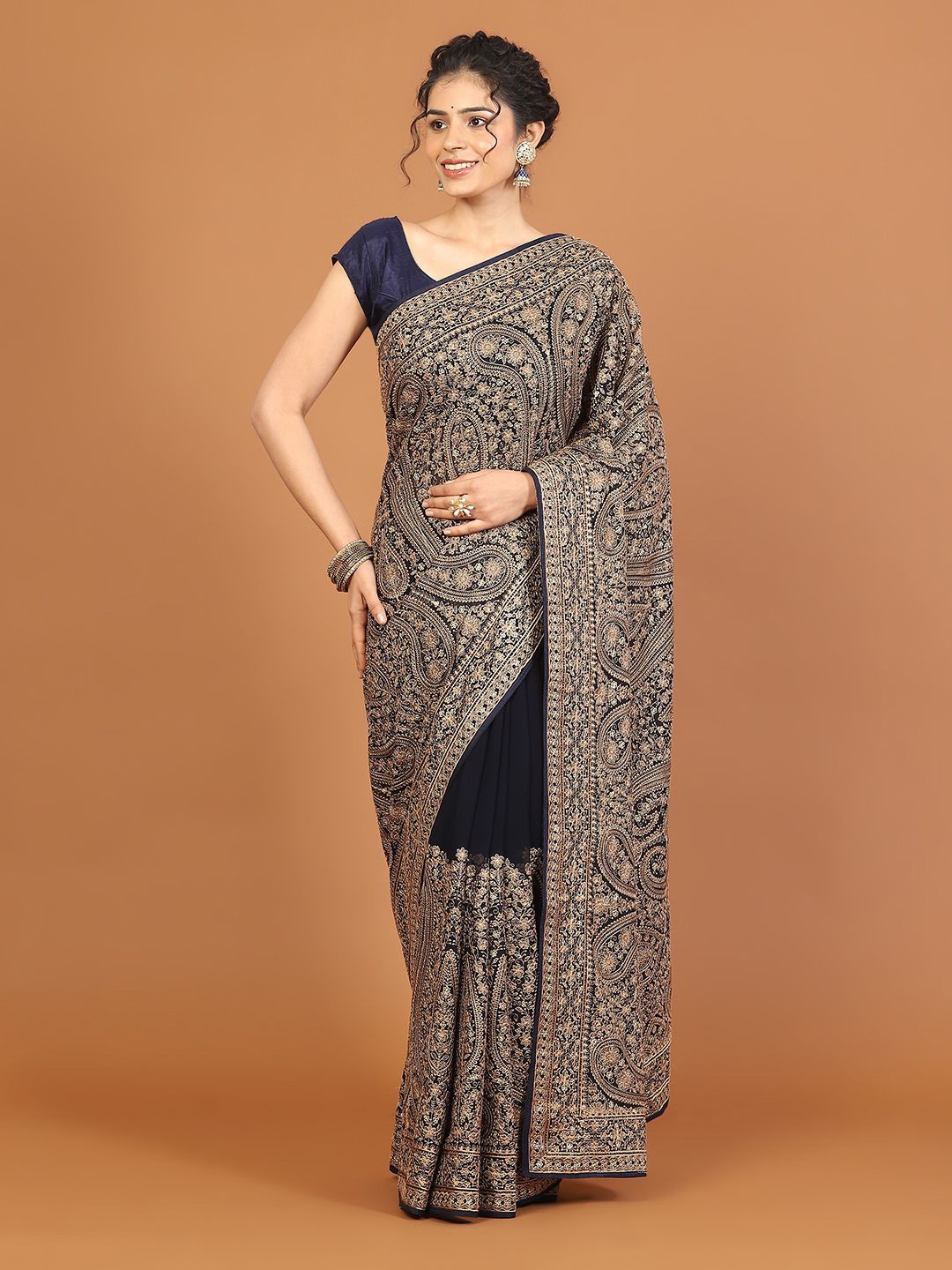 

Meena Bazaar Embellished Embroidered Poly Georgette Saree, Navy blue